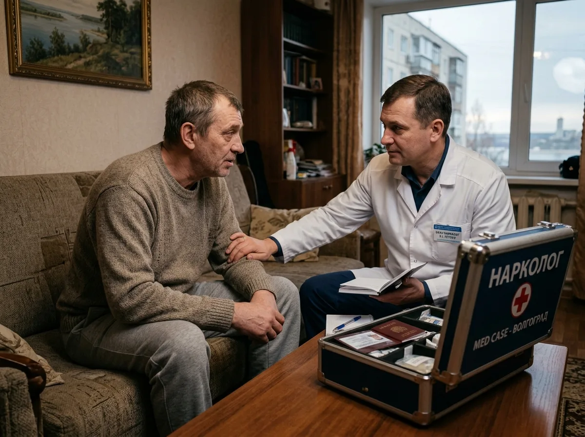 Врач-нарколог в белом халате приезжает к пациенту домой в Волгограде, медицинский чемоданчик, доверительная атмосфера