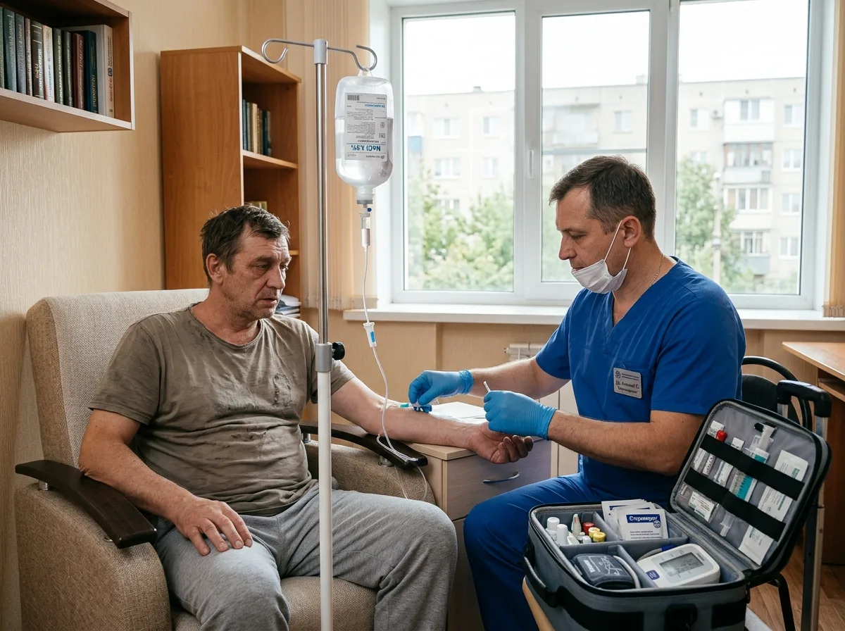Врач нарколог ставит капельницу пациенту дома в Волгограде, вывод из алкогольного запоя, светлая комната, профессиональное оборудование